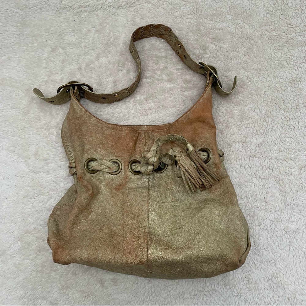 Kooba Distressed Metallic Leather Braided Detail Shoulder Bag